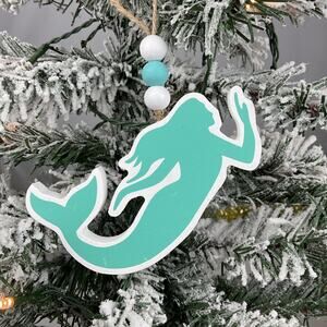 Christmas Ornament-Wooden Teal And White Mermaid -The Bridge Collection-